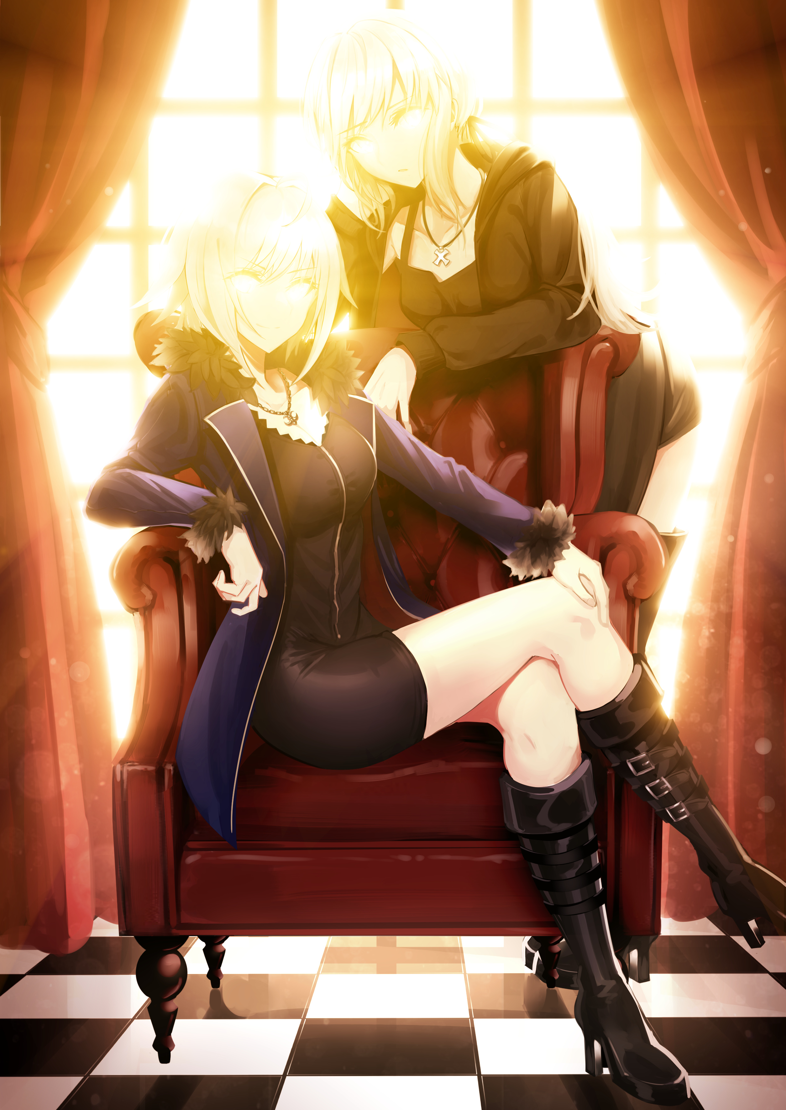 The goddess sits on an elegant red throne, legs crossed.  She smiles smugly as her friend--wearing a black tank top and jacket--leans over the back of the chair.  Both of their eyes are glowing brilliantly, obscuring their facial features.